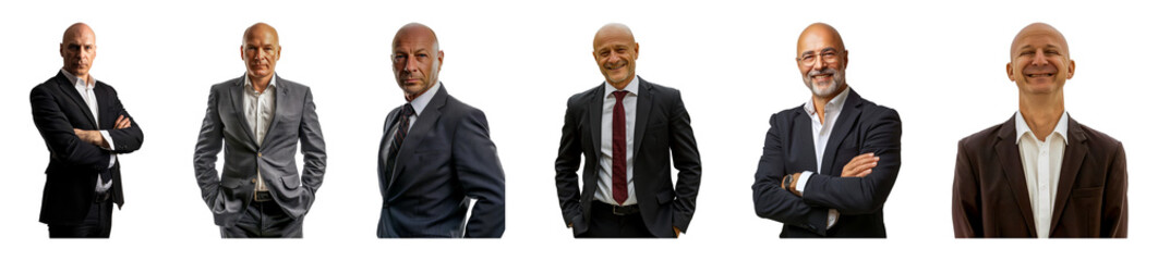Series of bald caucasian businessmen in various poses and attire cut out png on transparent background