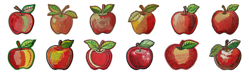 Embroidered apple patches with vivid textures cut out png on transparent background