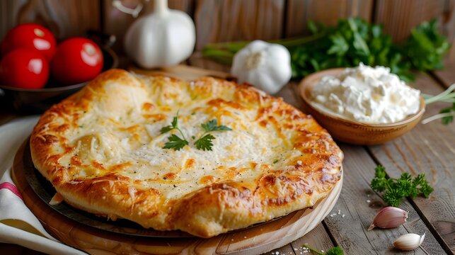 Precisely prepared hungarian traditional langos with lovely crust greased with garlic, cream, cheese and herbs, served with vegetables in the backround