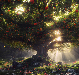 Enchanted forest with sunbeams and blossoming tree. Magical woodland scene with glowing flora and mystical atmosphere