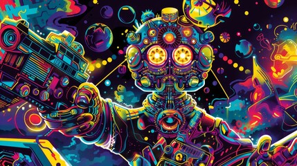 Psychedelic color background with space pirate and universe.