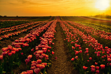 Tulip field in the German countryside - golden hour