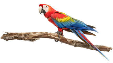 A bright and colorful parrot is perched gracefully on a tree branch, showcasing its vibrant plumage under the sunlight