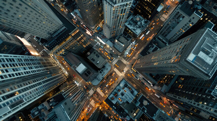 The city glows with lights as night falls, showcasing urban architecture and bustling streets below