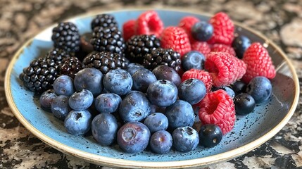 Blueberries blackberries and raspberries combined on a plate