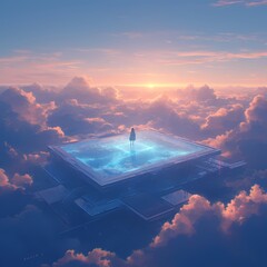 An Awe-Inspiring Quantum Computing Center Floating Above Clouds with a Beautiful Sunset Sky