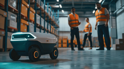 A logistics team testing out a delivery robot prototype in a controlled environment. Quality, high level, reliability, team