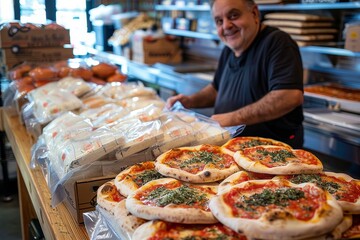 A cheerful shop owner is displaying freshly made pizzas in a bakery environment, inviting customers