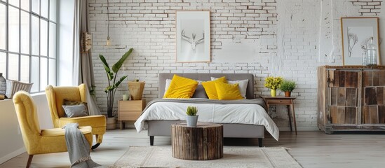 A roomy bedroom featuring a white brick wall, a wooden coffee table, and yellow chairs. Adjacent to the wall, there is a grey bed adorned with yellow pillows. - obrazy, fototapety, plakaty