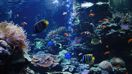 A large aquarium showcasing a variety of fish species swimming in a vibrant underwater environment