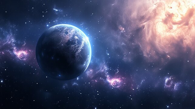 Space background, universe, nebula and planet.