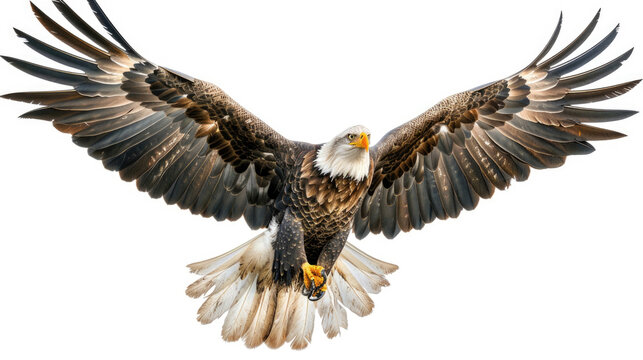 A large bird of prey elegantly glides through the air, displaying impressive wingspan and sharp talons