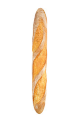 Freshly baked loaf vertically oriented, isolated. French bread baguette.