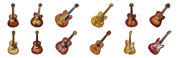 Variety of guitar embroidered patches cut out png on transparent background