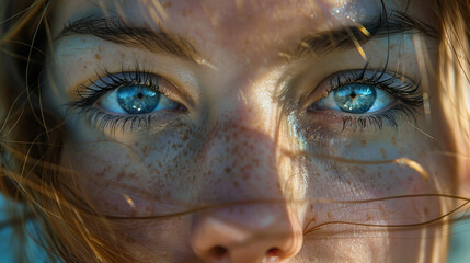 close up portrait of a caucasian brunette woman with blue eyes