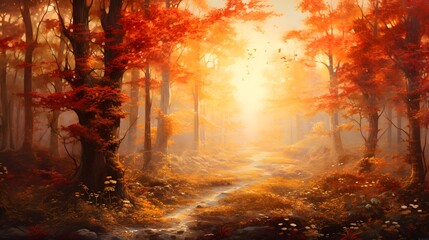 Autumn forest landscape. Panoramic view of the autumn forest at sunset.