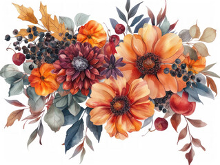 bouquete composizione floreale di fiori autunnali con bacche  su sfondo bianco scontornabile, stile acquerello, colori dominanti rosso arancio e giallo