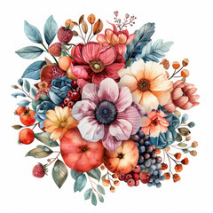 bouquete composizione floreale di fiori autunnali con bacche  su sfondo bianco scontornabile, stile acquerello, colori dominanti rosso arancio e giallo - obrazy, fototapety, plakaty