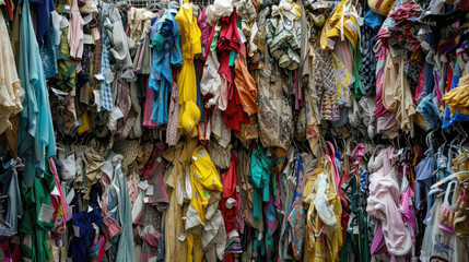 Fototapeta premium Assorted clothes hanging on a wall, neatly displayed