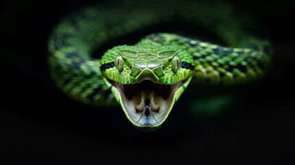 A green snake with its mouth open and tongue out