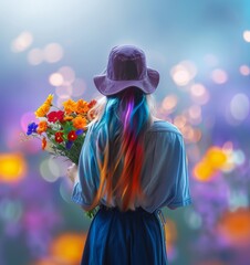 view from back, a girl wearing jeans skirt and shirt and a lilac summer hat is holding a beautiful...