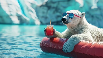 A relaxed polar bear lounging on a floatie in arctic waters, wearing sunglasses and enjoying a red drink, with glaciers in the background.