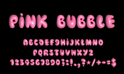 Pink bubble font. Inflated alphabet 3D ballon letters and numbers.
