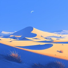 Obraz na płótnie Canvas Majestic Blue Dunes and a Rising Moon: An Enchanting Nighttime Landscape