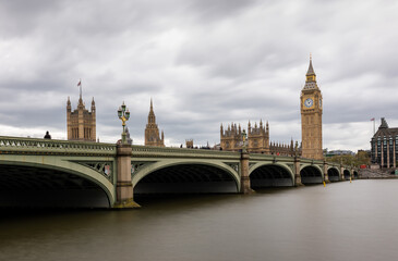 Westminster Bridge, Big Ben, The Houses of Parliament and The River Thames in London England on a...