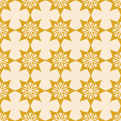 Vector abstract geometric seamless pattern. Simple ethnic texture with ornamental grid, big flower shapes, stars, repeat tiles. Ethnic folk motif. Retro style yellow and beige background. Geo design