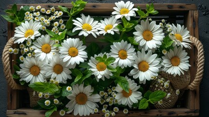 Obraz premium A basket holding white and yellow daisies sits atop a wooden table, nearby rests a wall