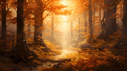 Autumn forest with fog. Panoramic view. 3d render