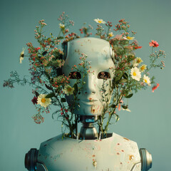 Beautiful metal robot from which fresh flowers grow on a blue background