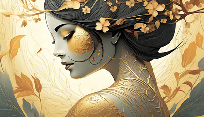 金と花と女　AI画像　ジェネレーティブAI