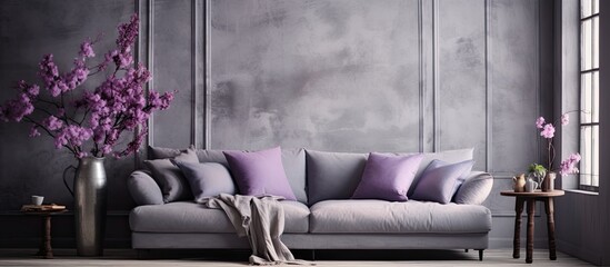 Grey sofa with violet cushions and flowers in vase