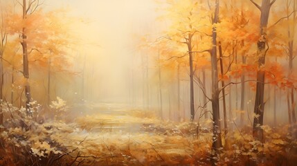 Autumn forest in a foggy day. Panoramic image.