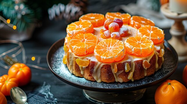 Galetta. Christmas open fruit cake with mandarins 