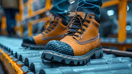 Workers in safety shoes at factory ready for work: A close-up view. Concept Industrial Safety, Factory Workers, Close-up View, Workwear, Footwear - obrazy, fototapety, plakaty