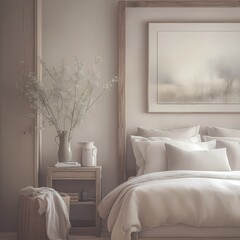 A serene minimalist bedroom setting with a large bed, elegant decor, and soothing colors, perfect for relaxation and modern design inspiration.