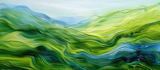 Poster Dynamic abstract scenery featuring flowing green and blue patterns suggestive of the lively abundance found in fields during the spring season. © Vusal