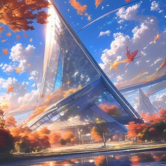 Dazzling Architectural Marvel: A Tall Glass Building with a Unique Design Bathed in Bright Light, Flanked by Nature's Vibrant Fall Colors and Wispy Clouds