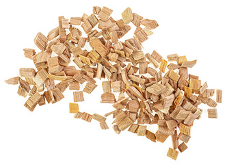Pile of wood smoking chips for soking meat and fish isolated on a white background, top view.
