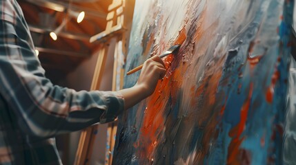 Female Artist Works on Abstract Oil Painting, Moving Paint Brush Energetically She Creates Modern Masterpiece. Dark Creative Studio where Large Canvas Stands on Easel Illuminated. Low Angle Close-up