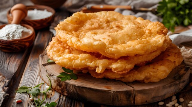 Flatbread langos langosh from potato yeast dough deep fried , Hungarian cuisine 