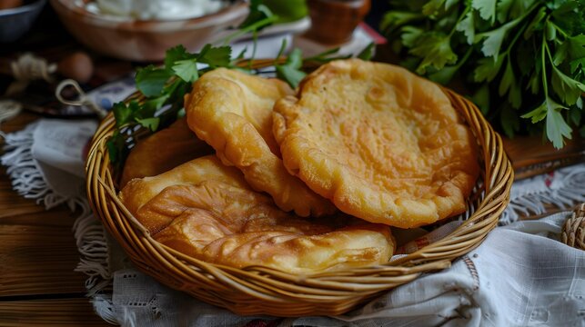 Flatbread langos langosh from potato yeast dough deep fried , Hungarian cuisine 
