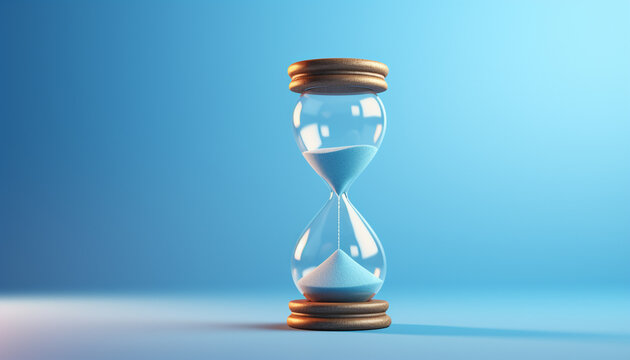 An hourglass isolated on light blue background. AI-Generated Image