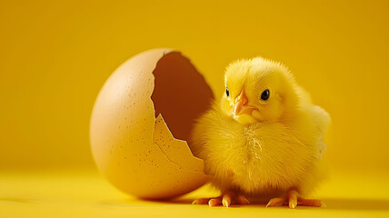 Life's Beginnings: Adorable Hatched Chick Beside Eggshell, Symbolic Artwork