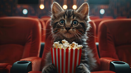 Feline Cinema Experience: Charming Cat with Popcorn Watching Film - obrazy, fototapety, plakaty