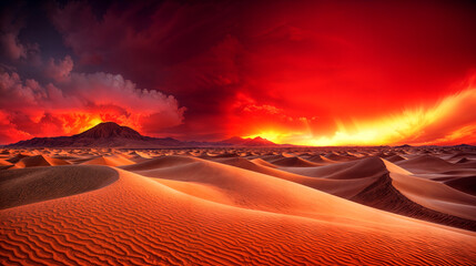 Surreal desert landscape with unreal bright red clouds on the horizon illuminated by the setting sun at dusk, vast otherworldly landscape of wavy sand dunes. 