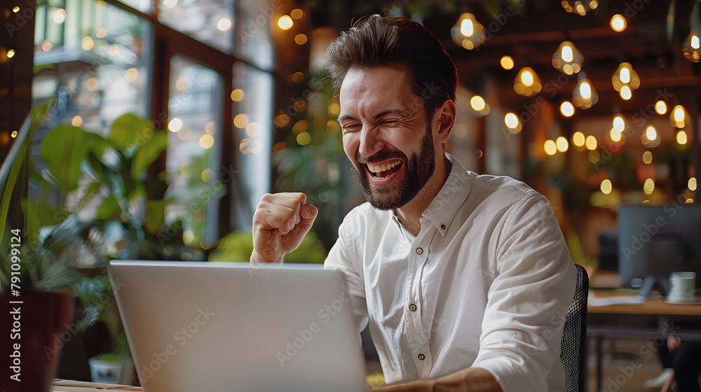 Wall mural cheerful reputable businessman with a laptop and gesturing yes, shaking fists celebrating great luck